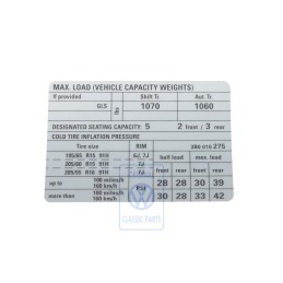 VW Original Etiquette P. Pression De Gonflage Des Pneus - 3B0010275