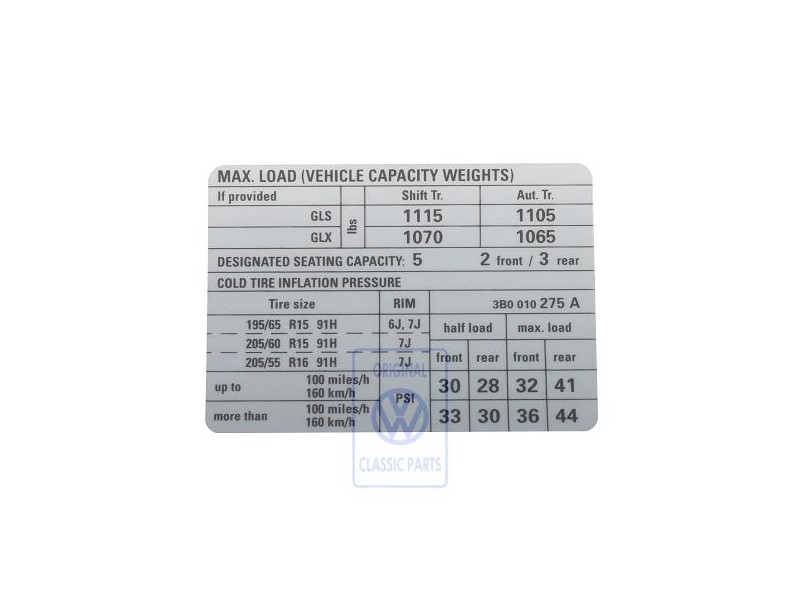 VW Original Etiquette P. Pression De Gonflage Des Pneus - 3B0010275A