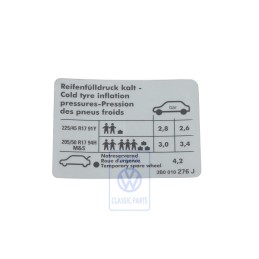 VW Original Etiquette P. Pression De Gonflage Des Pneus - 3B0010276J