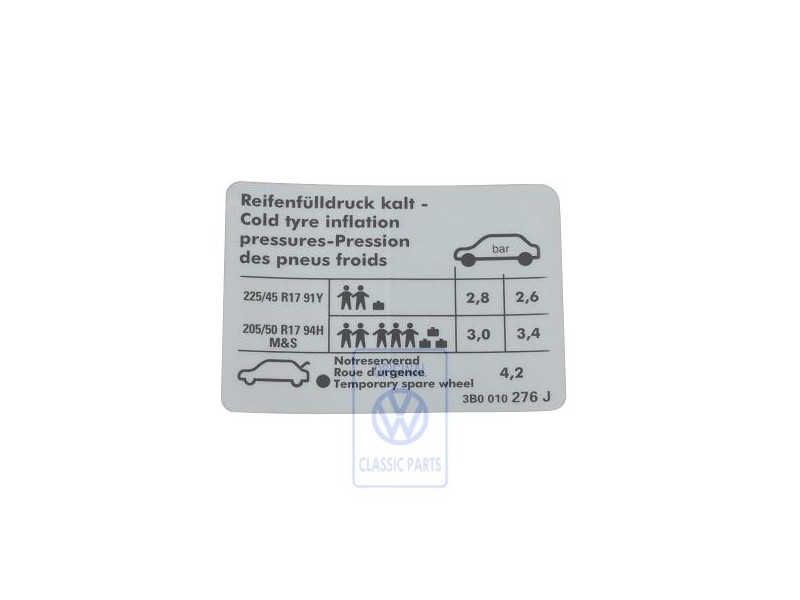 VW Original Etiquette P. Pression De Gonflage Des Pneus - 3B0010276J