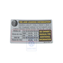VW Original Etiquette P. Pression De Gonflage Des Pneus - 3B0010361H