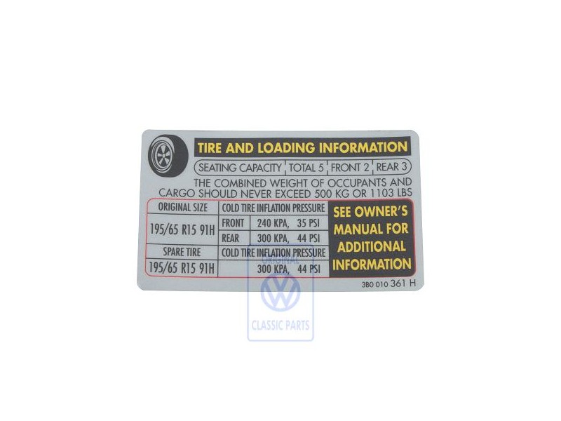 VW Original Etiquette P. Pression De Gonflage Des Pneus - 3B0010361H