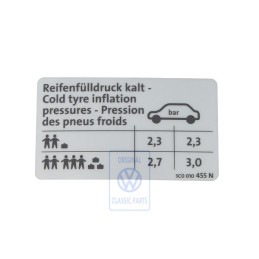VW Original Etiquette P. Pression De Gonflage Des Pneus - 3C0010455N