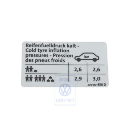 VW Original Etiquette P. Pression De Gonflage Des Pneus - 3C0010456D