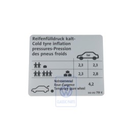 VW Original Etiquette P. Pression De Gonflage Des Pneus - 5K0010719K
