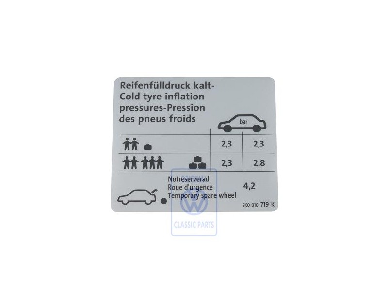 VW Original Etiquette P. Pression De Gonflage Des Pneus - 5K0010719K