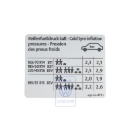 VW Original Etiquette P. Pression De Gonflage Des Pneus - 6Q0010473L