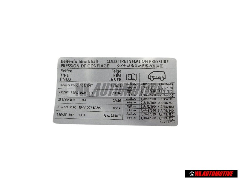VW Original Etiquette P. Pression De Gonflage Des Pneus - 7H0010626H