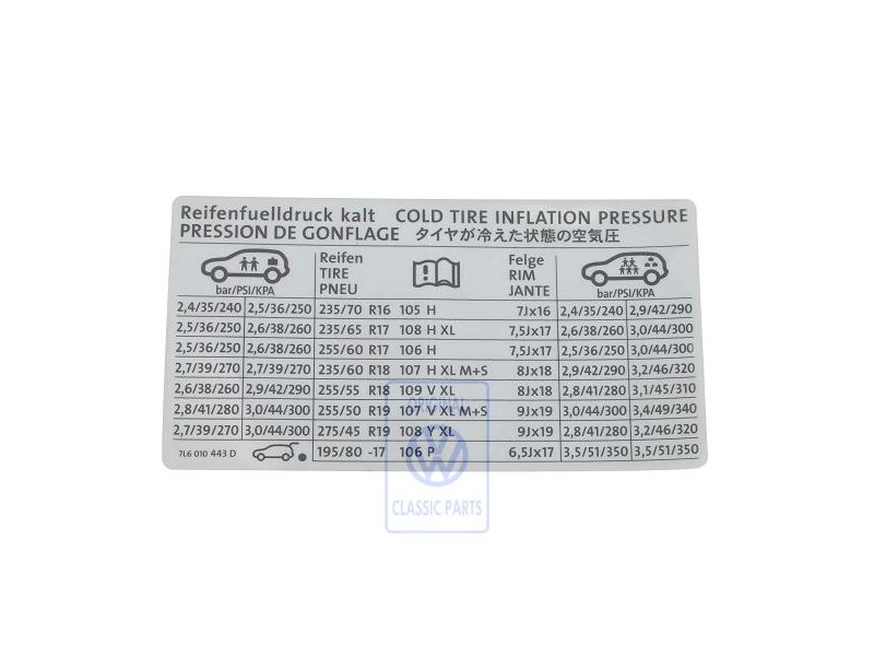 VW Original Etiquette P. Pression De Gonflage Des Pneus - 7L6010443D