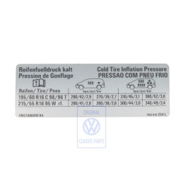 VW Original Etiquette P. Pression De Gonflage Des Pneus - 7M3010254L