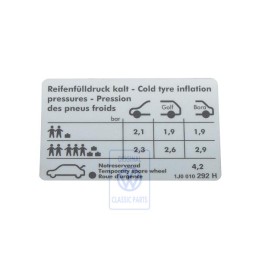 VW Original Etiquette P. Pression De Gonflage Des Pneus - 1J0010292H
