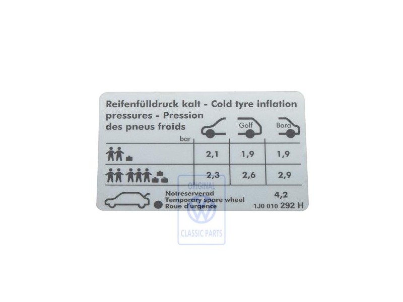 VW Original Etiquette P. Pression De Gonflage Des Pneus - 1J0010292H