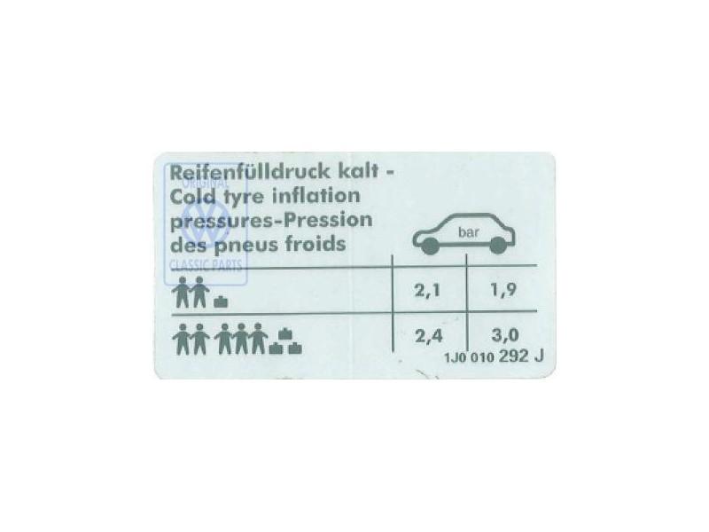 VW Original Etiquette P. Pression De Gonflage Des Pneus - 1J0010292J
