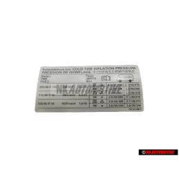 VW Original Etiquette P. Pression De Gonflage Des Pneus - 7D0010266P