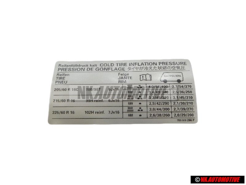 VW Original Etiquette P. Pression De Gonflage Des Pneus - 7D0010266P