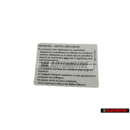 VW Original Etiquette -Important Consignes De Securite - 3B0010228L