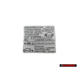 VW Original Etiquette P. Pression De Gonflage Des Pneus - 5N0010468A