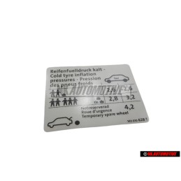 VW Original Etiquette P. Pression De Gonflage Des Pneus - 1K0010628T