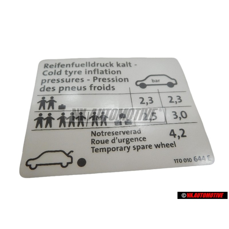 VW Original Etiquette P. Pression De Gonflage Des Pneus - 1T0010644E