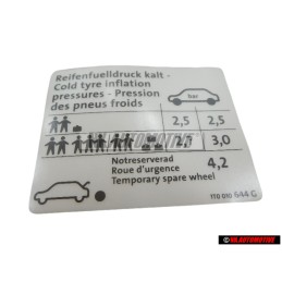 VW Original Etiquette P. Pression De Gonflage Des Pneus - 1T0010644G