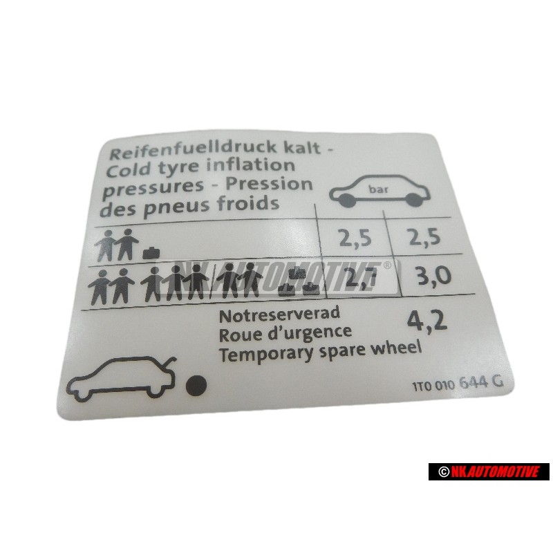 VW Original Etiquette P. Pression De Gonflage Des Pneus - 1T0010644G