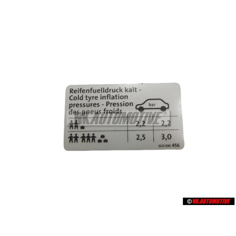VW Original Etiquette P. Pression De Gonflage Des Pneus - 3B0010260A