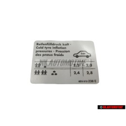 VW Original Etiquette P. Pression De Gonflage Des Pneus - 6E0010238E
