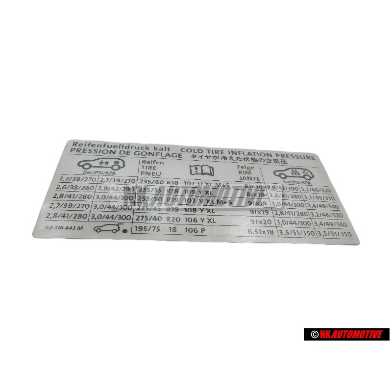 VW Original Etiquette P. Pression De Gonflage Des Pneus - 7L6010443M