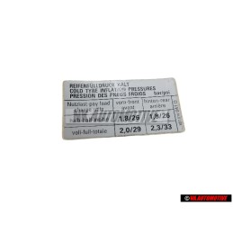 VW Original Etiquette P. Pression De Gonflage Des Pneus - 867010041Q