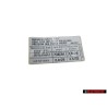 VW Original Etiquette P. Pression De Gonflage Des Pneus - 867010041Q