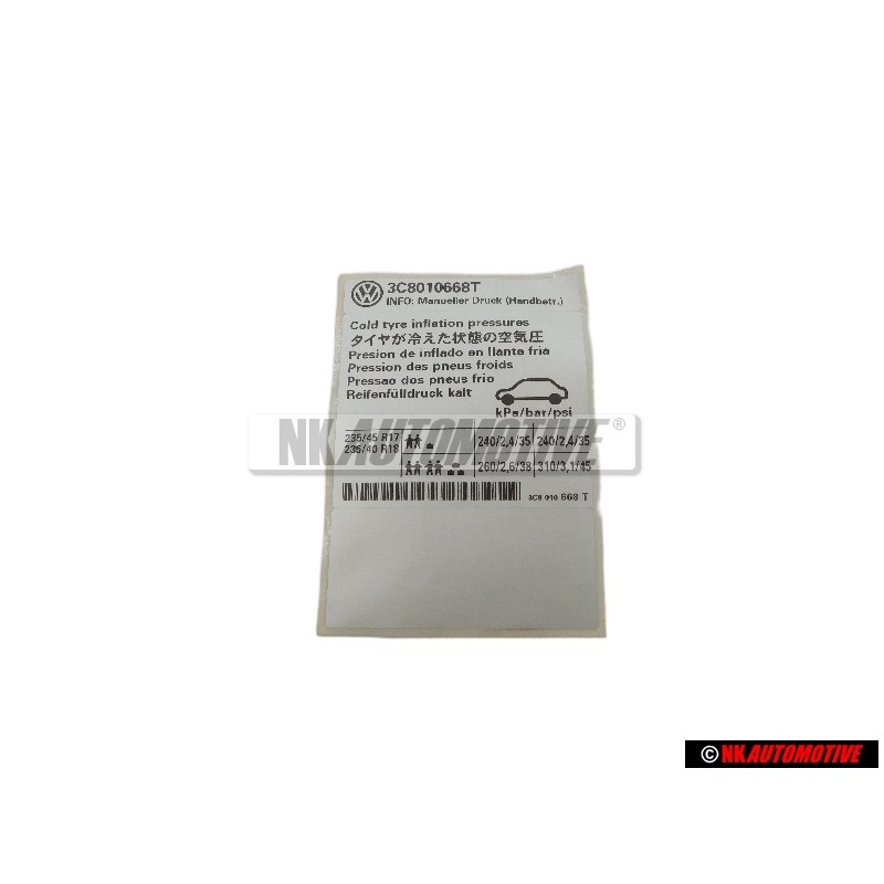 VW Original Plaque D'Identification Pour Pression Des Pneus - 3C8010668T