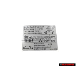 VW Original Etiquette P. Pression De Gonflage Des Pneus - 1K0010471D