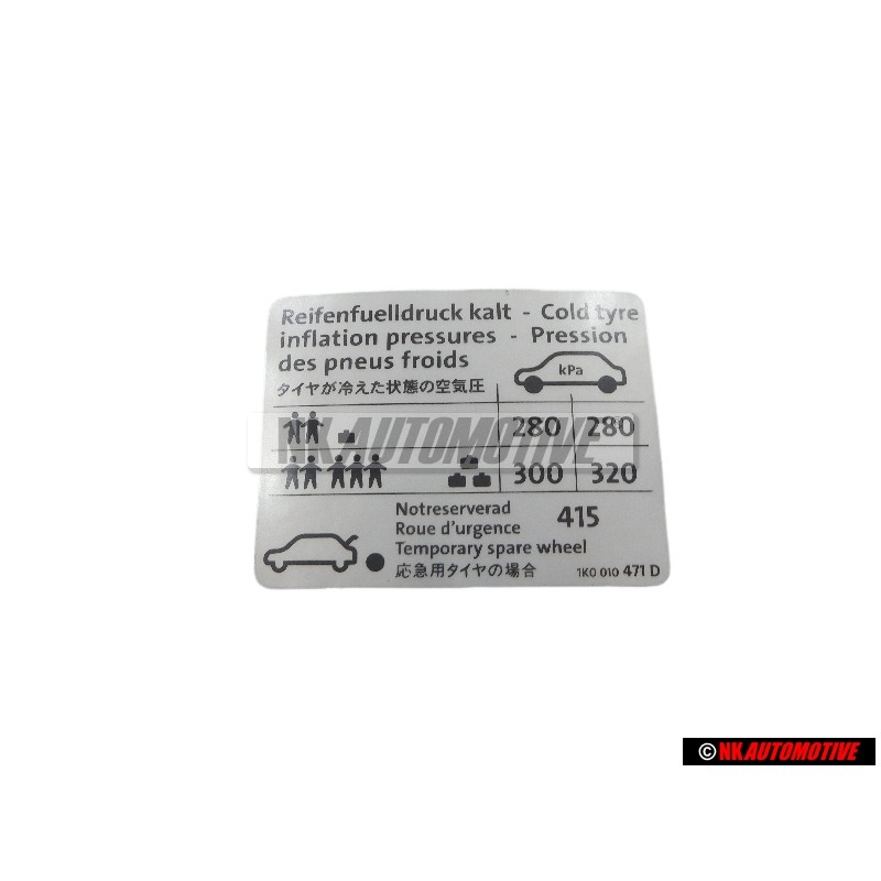 VW Original Etiquette P. Pression De Gonflage Des Pneus - 1K0010471D