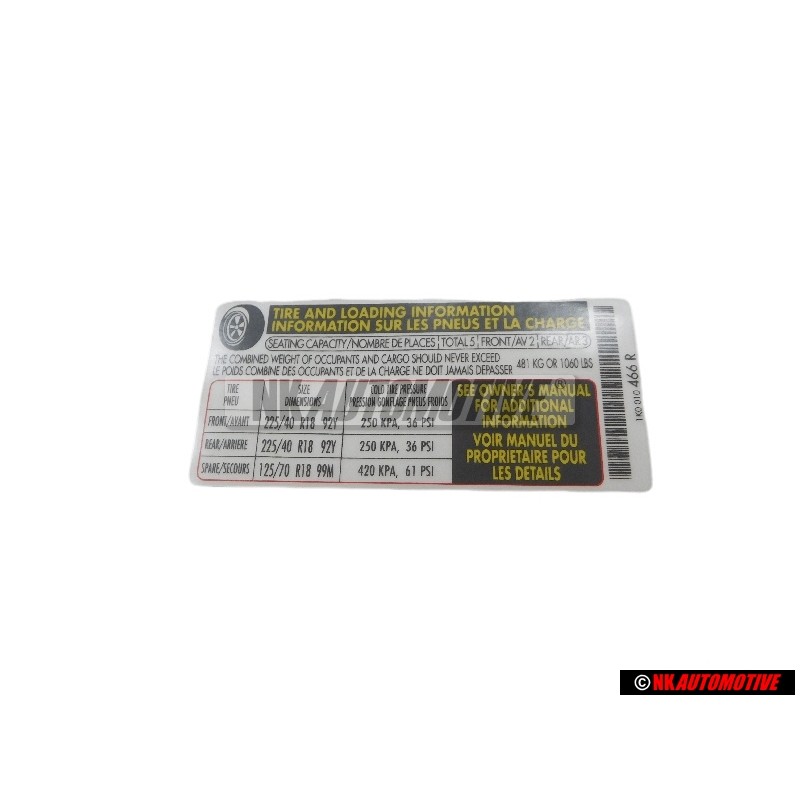 VW Original Etiquette P. Pression De Gonflage Des Pneus - 1K0010466R