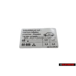 VW Original Etiquette P. Pression De Gonflage Des Pneus - 3B0010275N