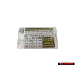 VW Original Etiquette P. Pression De Gonflage Des Pneus - 3C0010603T