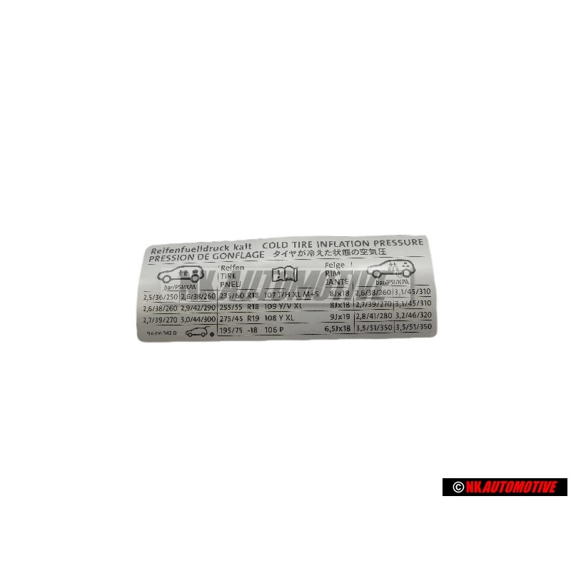 VW Original Etiquette P. Pression De Gonflage Des Pneus - 7L6010342D