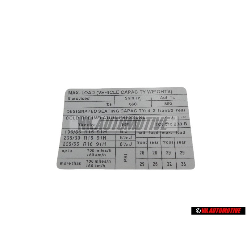 VW Original Etiquette P. Pression De Gonflage Des Pneus - 1C0010238B