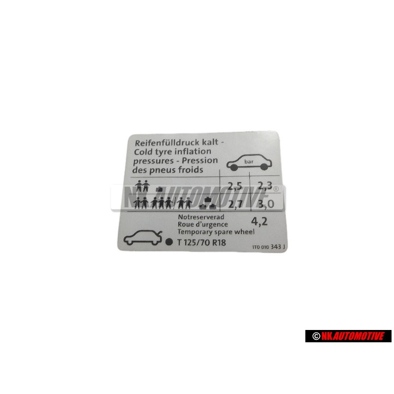 VW Original Plaque D'Identification Pression A Froid - 1T0010343J