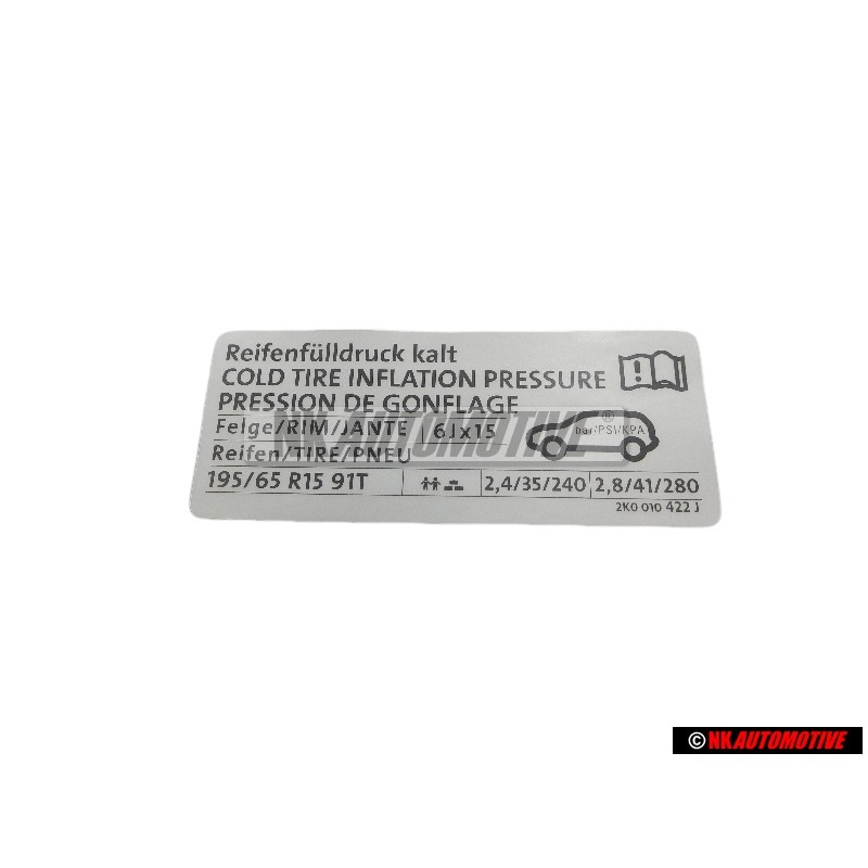 VW Original Etiquette P. Pression De Gonflage Des Pneus - 2K0010422J