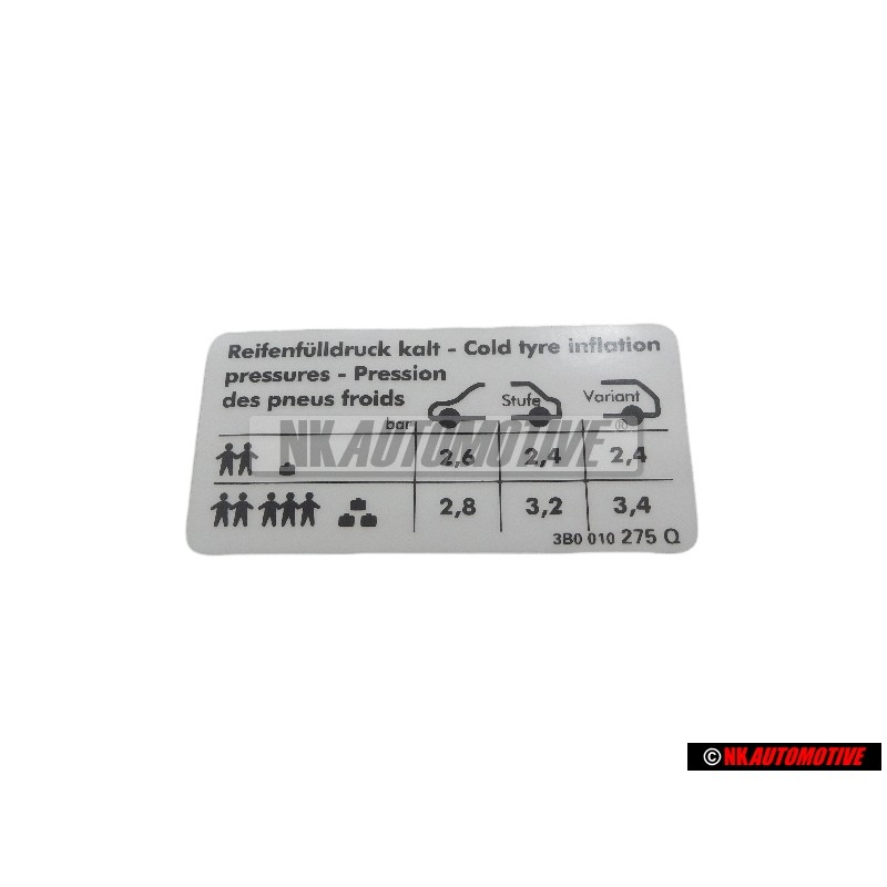 VW Original Etiquette P. Pression De Gonflage Des Pneus - 3B0010275Q
