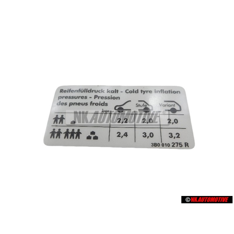 VW Original Etiquette P. Pression De Gonflage Des Pneus - 3B0010275R