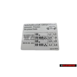VW Original Etiquette P. Pression De Gonflage Des Pneus - 6Q0010473K