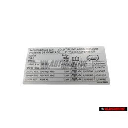 VW Original Etiquette P. Pression De Gonflage Des Pneus - 7H0010483N