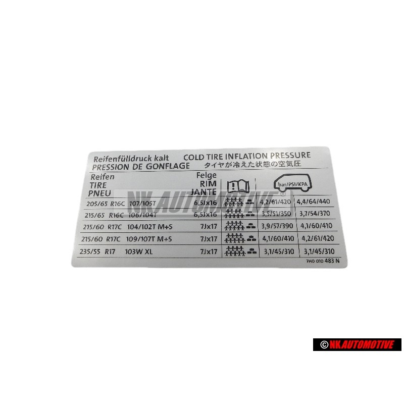 VW Original Etiquette P. Pression De Gonflage Des Pneus - 7H0010483N