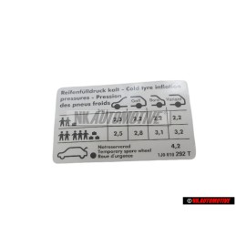 VW Original Etiquette P. Pression De Gonflage Des Pneus - 1J0010292T