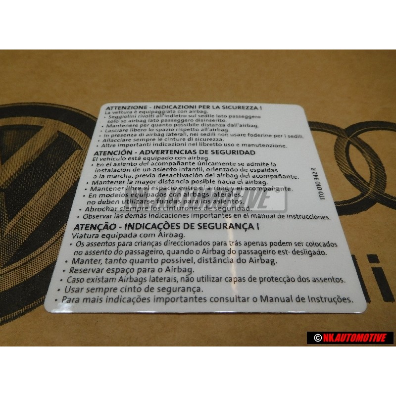 VW Original Etiquette -Important Consignes De Securite - 1T0010342R
