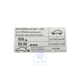 VW Original Etiquette P. Pression De Gonflage Des Pneus - 1E0010076N
