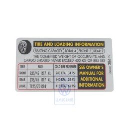 VW Original Etiquette P. Pression De Gonflage Des Pneus - 1Q0010386N