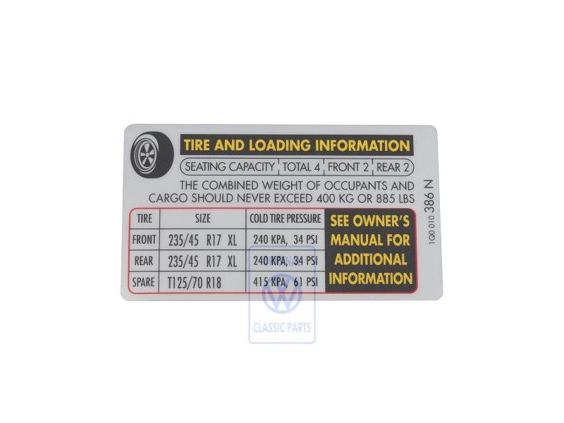 VW Original Etiquette P. Pression De Gonflage Des Pneus - 1Q0010386N